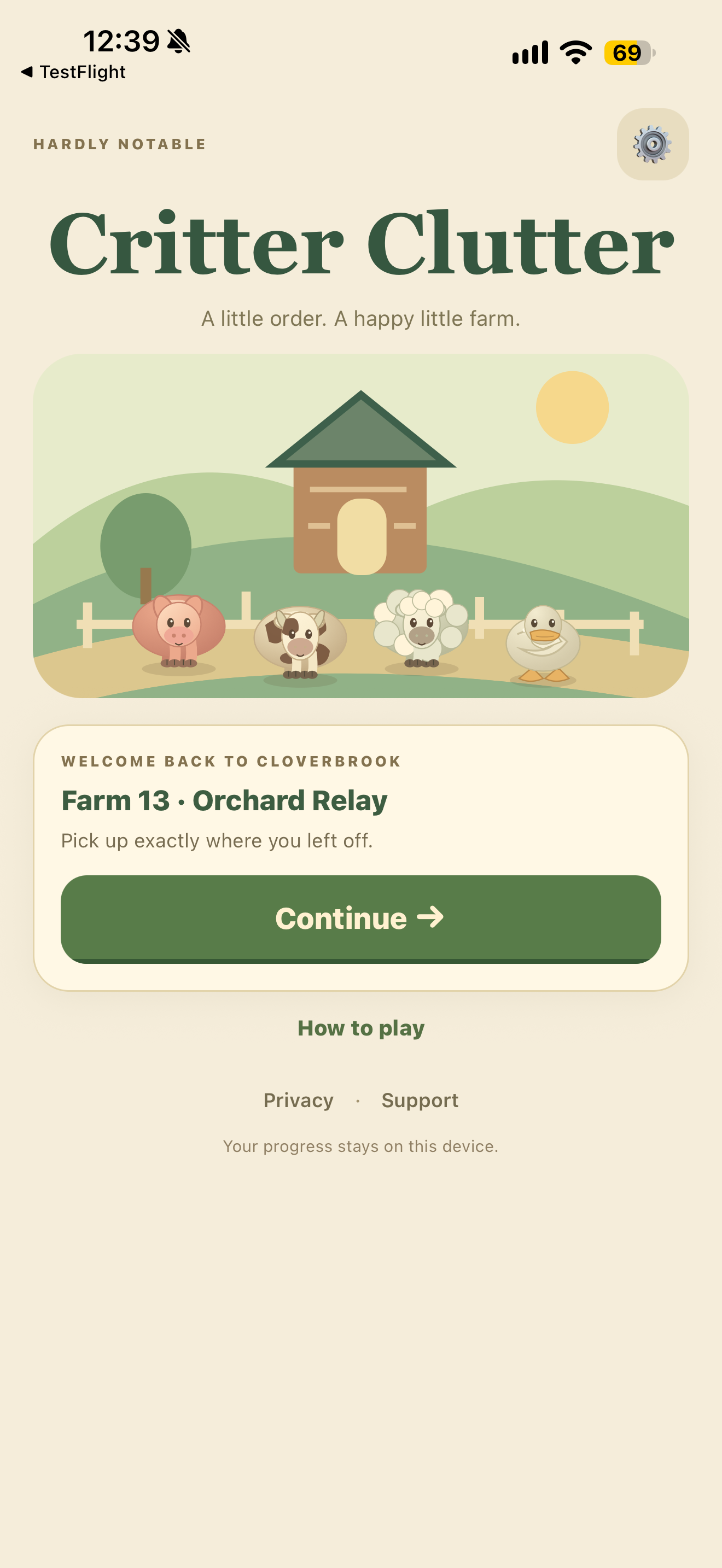Critter Clutter submitted iPhone build: home screen with Continue and How to play