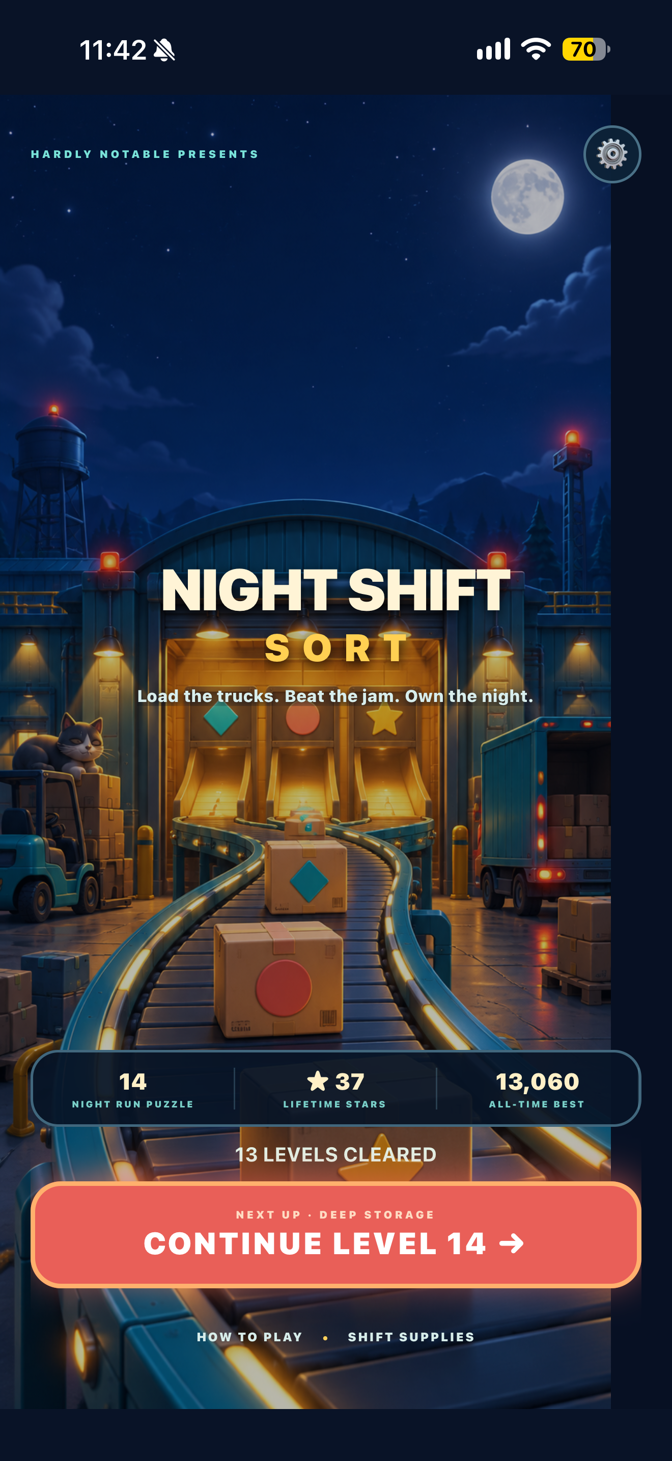 Night Shift submitted iPhone build: home screen with Continue level 14