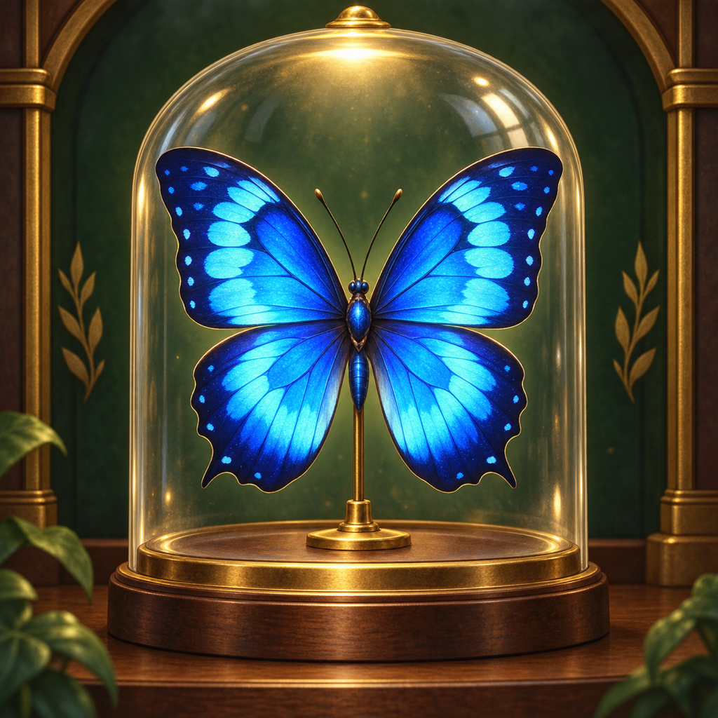 A luminous blue butterfly beneath a glass dome in Recall’s cabinet of curiosities